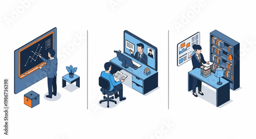 Online study library learn teach school class book web read work desk isometric view education set