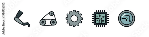 Robotics and electronics icons: robotic arm, belt, gear, CPU, circuit.