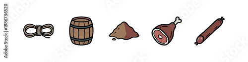 Food and supply icons: rope, barrel, dirt, ham, sausage.