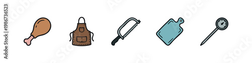 Food preparation icons: chicken leg, apron, saw, cutting board, thermometer