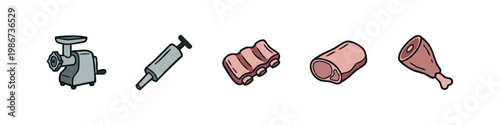 Meat processing icons: grinder, injector, ribs, ham