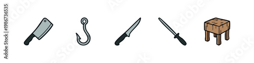 Butcher tools and accessories icons: cleaver, hook, knives, cutting board