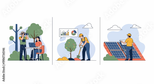 Professional Green Jobs Including Planting Trees Solar Panel Installation And Nature Field Research For Sustainable Environment