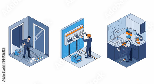 Professional maintenance workers cleaning floors fixing electrical panels and repairing kitchen plumbing in isometric vector style
