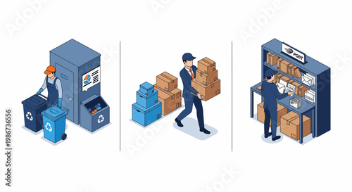 Set of man in trash and post and mail and box for city work job now