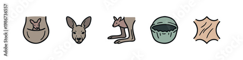 Kangaroo icons: joey in pouch, head, legs, ears, skin