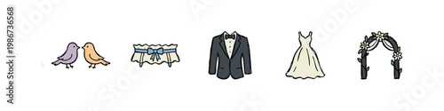 Wedding icons: birds, garter, tuxedo, wedding dress, arch