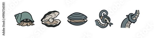 Seashell and marine life icons: hermit crab, oyster, clam, octopus tentacles