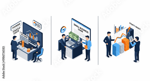 Startup cost small business loan and steady profit growth office set with men working data