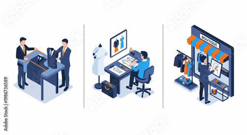 Professional fashion business concept with tailors designing garments and workers managing a retail clothing boutique shop storefront in isometric vector