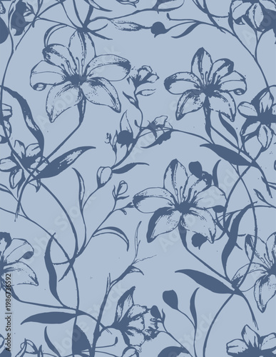 Seamless blue lily floral pattern. Hand drawn vintage navy botanical line art background. Elegant monochrome textile design.