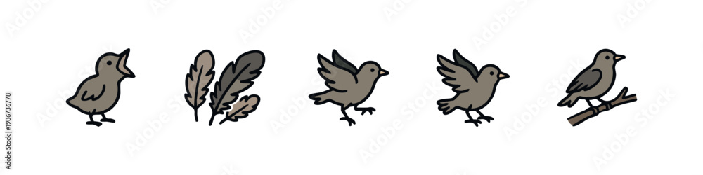 Fototapeta premium Cute bird icons: chick, feathers, flying, perched on branch
