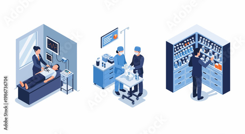 Medical healthcare professionals like doctor surgeon and pharmacist working together in hospital clinic to treat sick patient