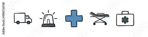 Emergency and Medical Icons: Ambulance, Siren, Cross, Stretcher, First Aid