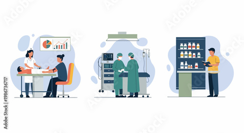 Med staff help sick men at lab and room or shop with care and aid