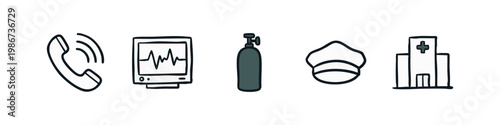 Hospital and Medical Icons: Phone, Monitor, Oxygen Tank, Cap, Building
