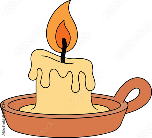Lit candle in terracotta holder flat vector illustration minimalist wax dripping candlelight design isolated on white background