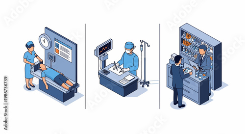 Healthcare medical doctor nurse pharmacist work at clinic hospital patient pharmacy medicine help care health professional staff service