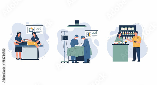 A doctor a nurse a surgeon a patient in a clinic or hospital work team