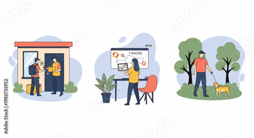 logistics man job set park dog walk map route home door mail ship post box