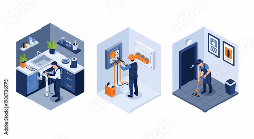 Maintenance staff including plumber electrician and janitor working at home and office isometric vector illustration set for professional handyman service