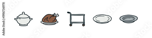 Hand-Drawn Roasting Pan, Turkey, Cart, Plates on White Background