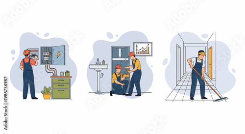 Fix wire pipe mop floor job task aid tool help staff work man crew set