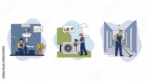 Professional maintenance services featuring a plumber repairing pipes an HVAC technician and a janitor cleaning floors