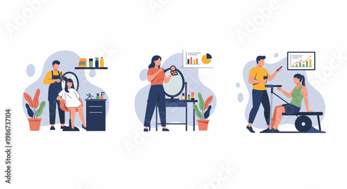 Set of hair cut and face makeup also gym coach work at day to day