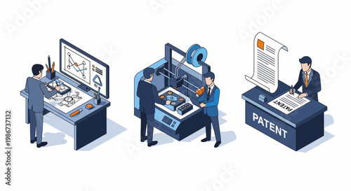 Isometric product innovation workflow with engineering design three dimensional printing prototype and official legal patent document registration process