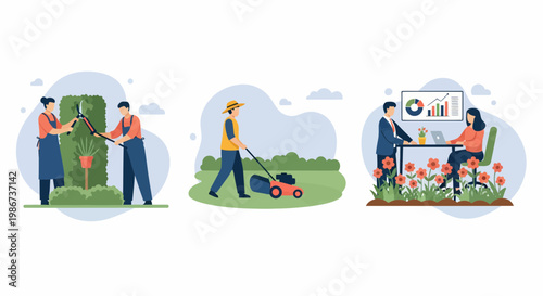 Professional garden maintenance landscaping service workers trimming hedges mowing grass outdoor garden design consultation business