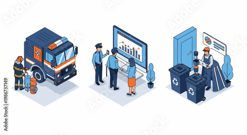 Isometric Public Service Professions Set Including Firefighters Police Officers And Waste Management Workers Helping Their City Community
