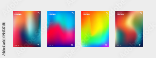Minimalist mesh gradient poster templates with vibrant color transitions and soft blurred textures for modern creative branding set of four abstract flyer designs with clean layout elements.