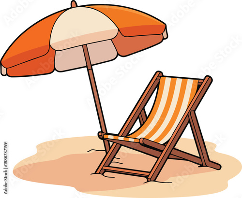 Minimalist beach scene with striped deck chair and umbrella flat cartoon vector illustration summer relaxation concept isolated on white background