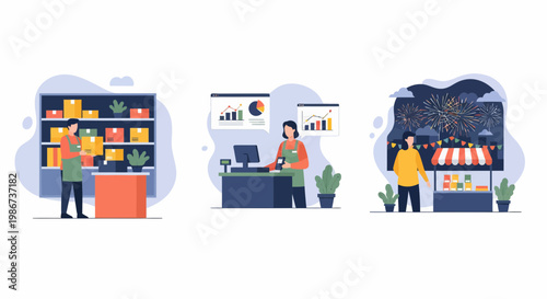 Shop staff work at desk and stall in a city with art for the people