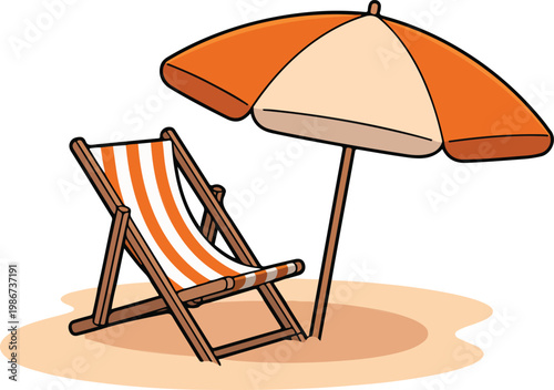 Minimalist beach scene with striped deck chair and umbrella flat cartoon vector illustration summer relaxation concept isolated on white background