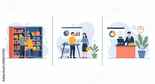 Professional retail operations set showing store staff managing inventory assisting customers and tracking sales data reports