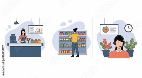 Retail Store Services Set Cashier Shop Shelves And Support Agent Staff For Small Business Growth Success