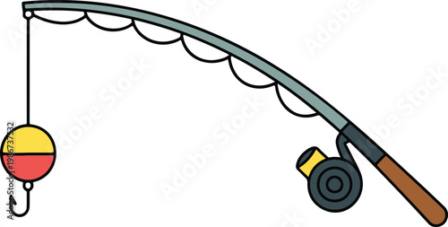 Bent fishing rod with bobber flat vector illustration minimalist fishing gear icon design curved line concept isolated on white background