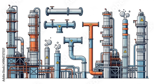 Detailed Illustration of an Industrial Oil Refinery Complex with Pipes.