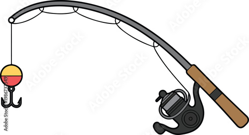 Bent fishing rod with bobber flat vector illustration minimalist fishing gear icon design curved line concept isolated on white background