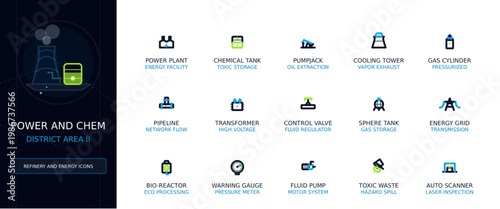 Essential industrial and chemical process line art icons for energy facilities and refinery operations on dark layout