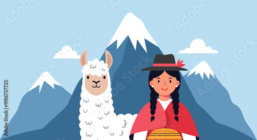 Young woman in traditional Peruvian clothing standing with a white llama in front of snow capped Andean mountains.