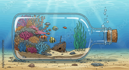 Vibrant underwater ecosystem thriving within a glass bottle.