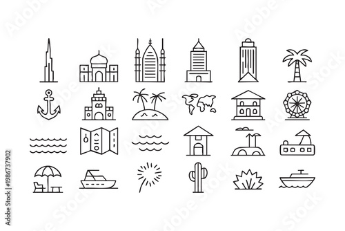 Tourism And Vacation Icons For Beach And Global Travel Concepts
