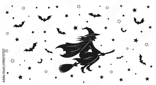 Witch flying on broomstick with bats and stars Halloween night.