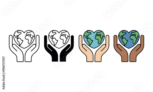 Heart earth globe icon set showing human hands holding planet symbol for ecology world peace charity and global environmental protection design