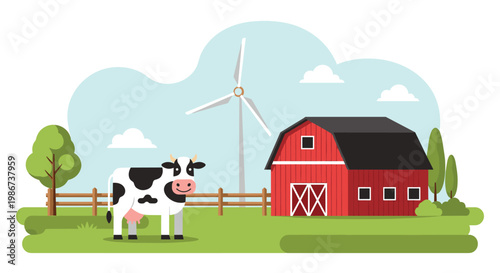 Black and white spotted cow stands in a green pasture in front of a classic red barn and a modern white windmill.
