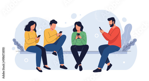 Group of four young friends sits together on a modern bench while focused entirely on their individual smartphone devices.