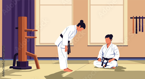 Karate student in a white uniform bows respectfully to their teacher who is sitting on the floor in a traditional dojo.
